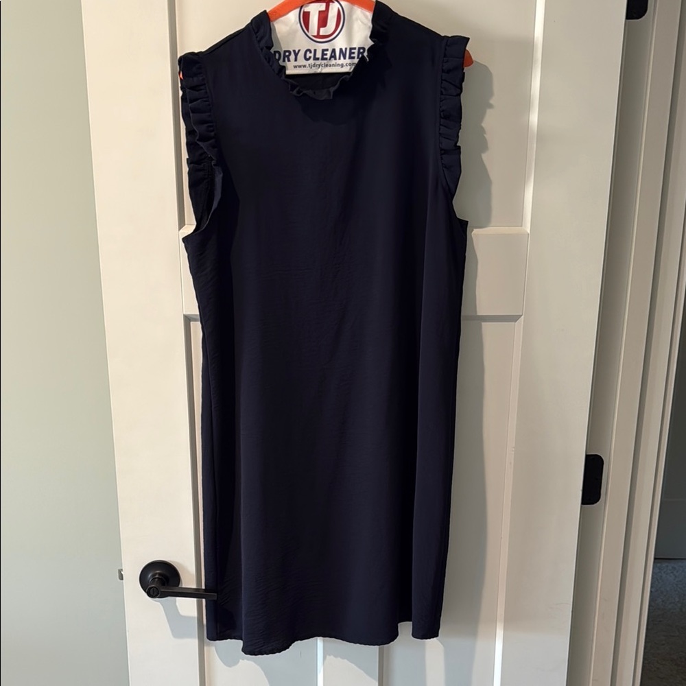 Sleeveless Ruffle Neck Shift Dress - Navy